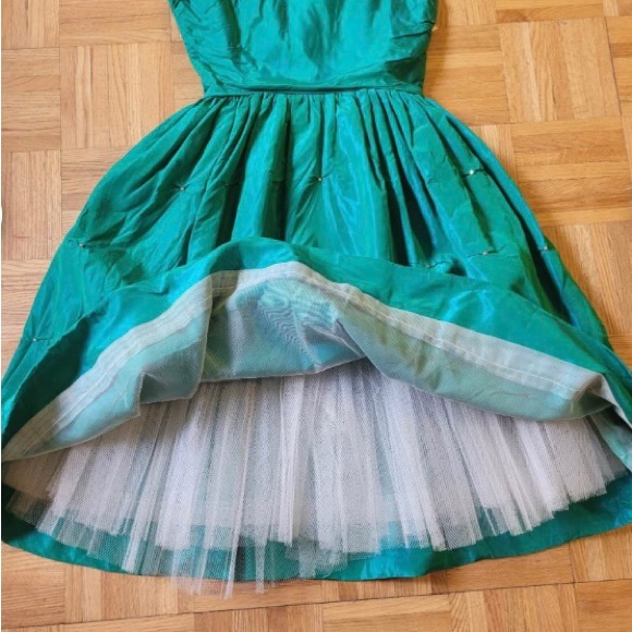 Vintage 1950's Silk taffeta dress blue/green Rhinestone & Crinoline US0P - Picture 5 of 8